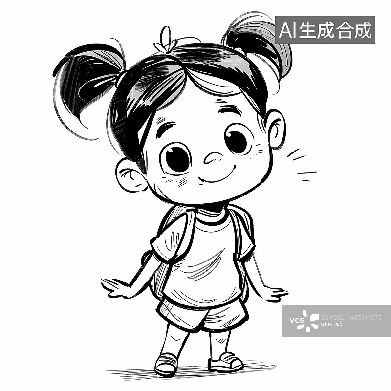 【AI数字艺术】教辅黑白线稿——小学生小女孩的学习日常图片素材