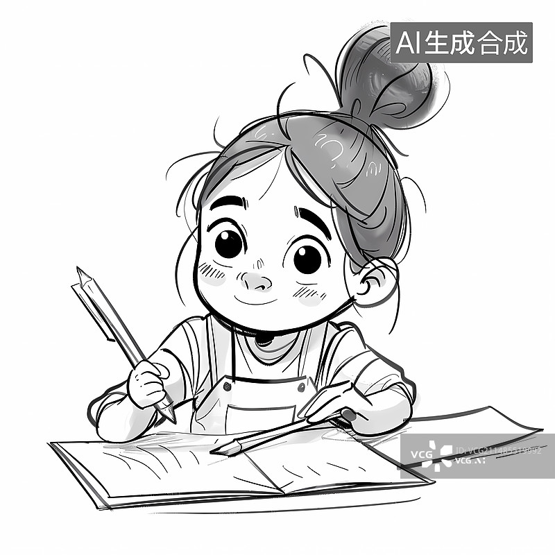 【AI数字艺术】教辅黑白线稿——小学生小女孩的学习日常图片素材