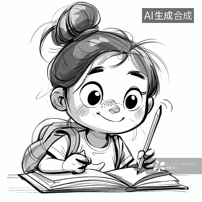 【AI数字艺术】教辅黑白线稿——小学生小女孩的学习日常图片素材