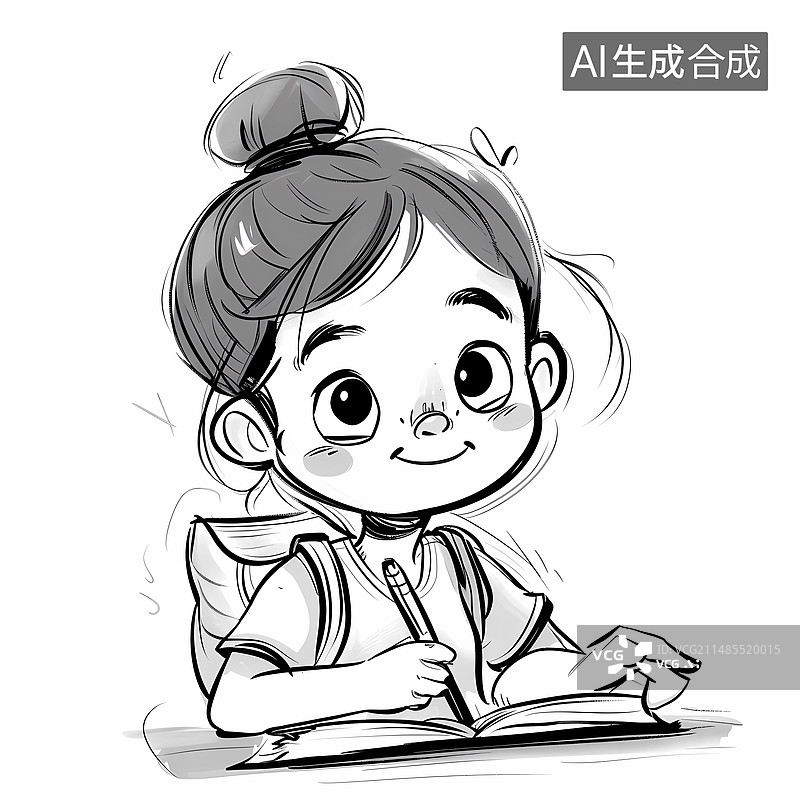 【AI数字艺术】教辅黑白线稿——小学生小女孩的学习日常图片素材