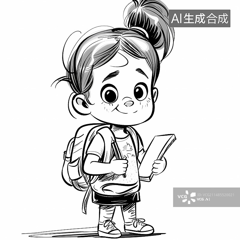 【AI数字艺术】教辅黑白线稿——小学生小女孩的学习日常图片素材