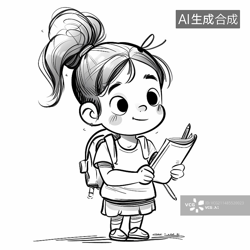 【AI数字艺术】教辅黑白线稿——小学生小女孩的学习日常图片素材