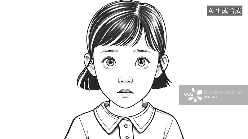 【AI数字艺术】一个线稿画小女孩发呆的面部表情图片素材