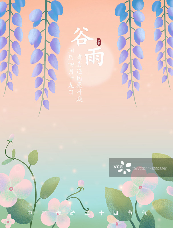 中国传统节气谷雨紫藤花植物插画平面设计海报模版图片素材