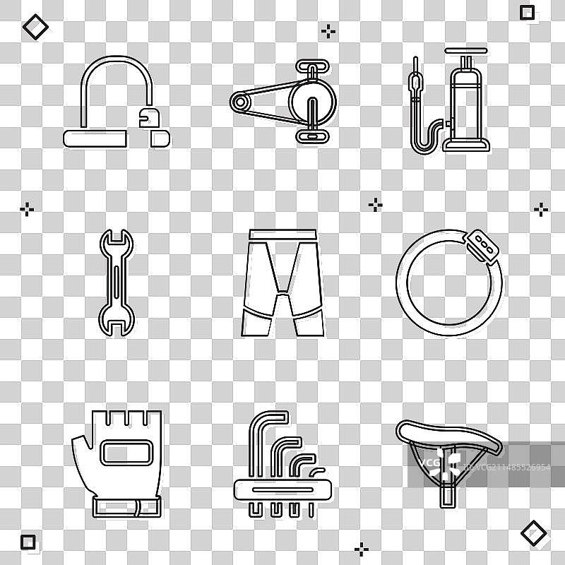 自行车锁、链条、齿轮、气泵和扳手图片素材