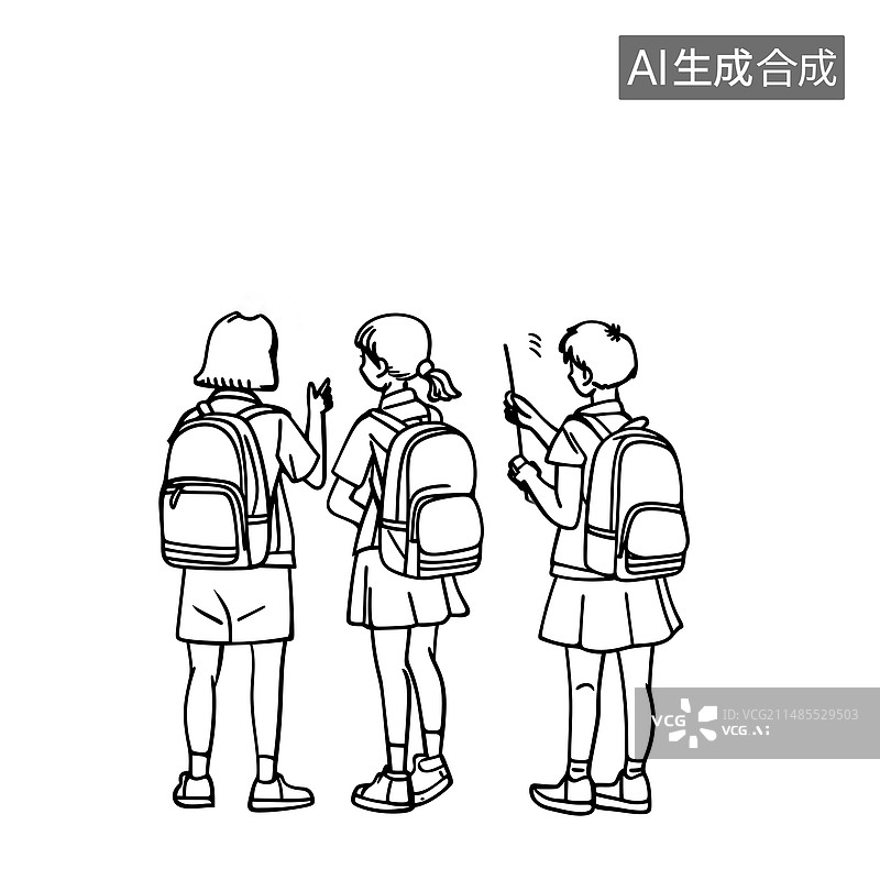 【AI数字艺术】插画风格，线稿风格，三个学生背着书包走路，配图，插图图片素材