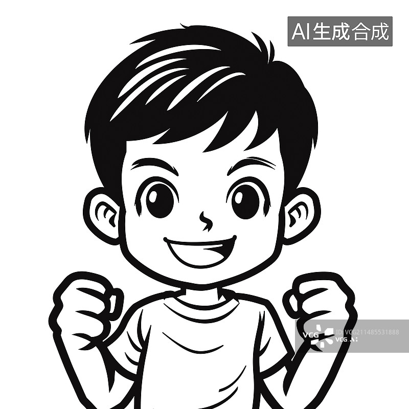 【AI数字艺术】插画风格，线稿风格，学生兴奋的举起双手，笑容，配图，插图图片素材