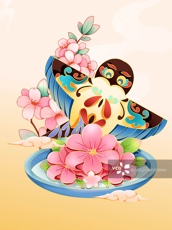 春分春天桃花酥风筝桃花祥云插画图片素材