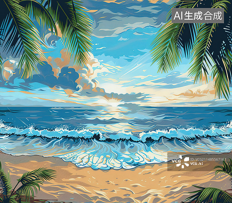 【AI数字艺术】海滩上的棕榈树图片素材