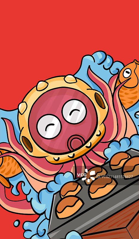 原创手绘卡通美味的章鱼丸子插画海报素材图片素材