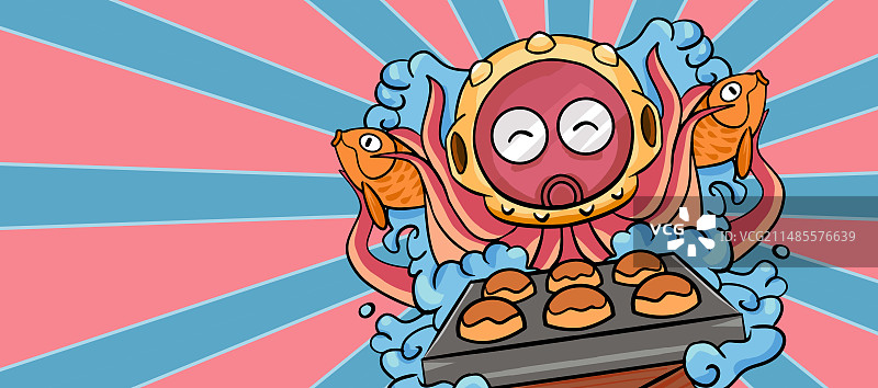 原创手绘卡通美味的章鱼丸子插画海报素材图片素材