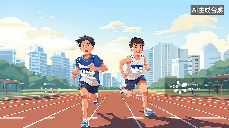 【AI数字艺术】两个学生男同学在起跑线上准备起跑比赛一起运动图片素材
