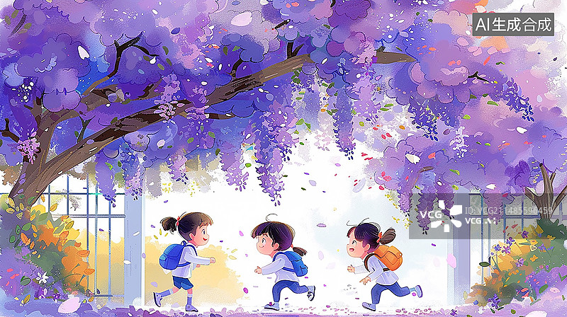 【AI数字艺术】紫藤花小学生小孩玩耍插画图片素材