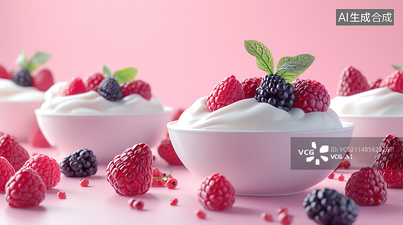 【AI数字艺术】粉红色背景下碗里的浆果特写镜头图片素材