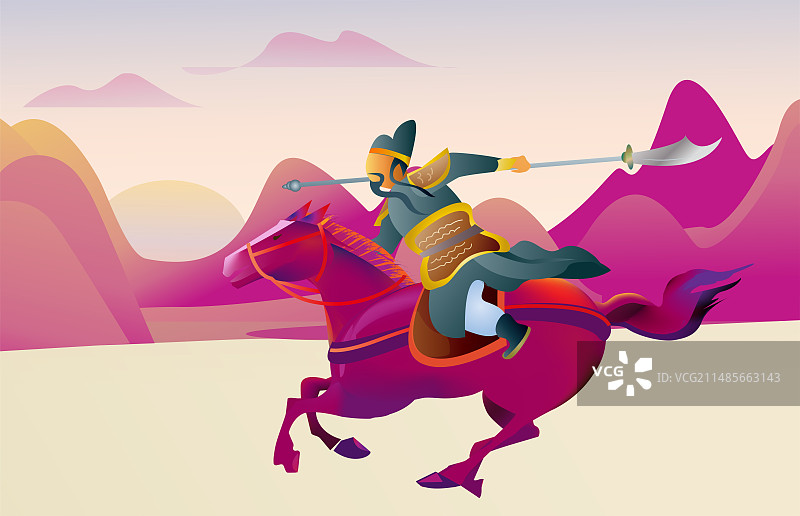 古代将军关羽骑马飞奔矢量插画图片素材
