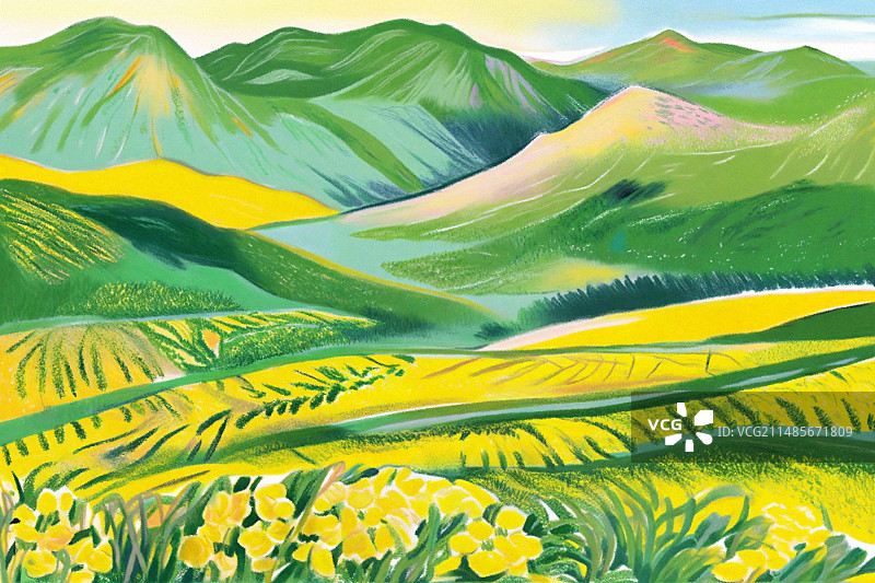 春天夏天野外油菜花清明春暖花开大自然森林山丘河流旅游野餐郊游蜡笔彩铅插画水彩质感背景图片素材