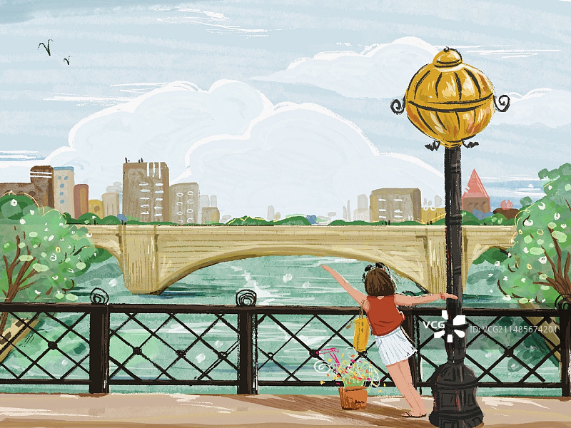 欧洲桥河畔栏杆旁的自由女人图片素材