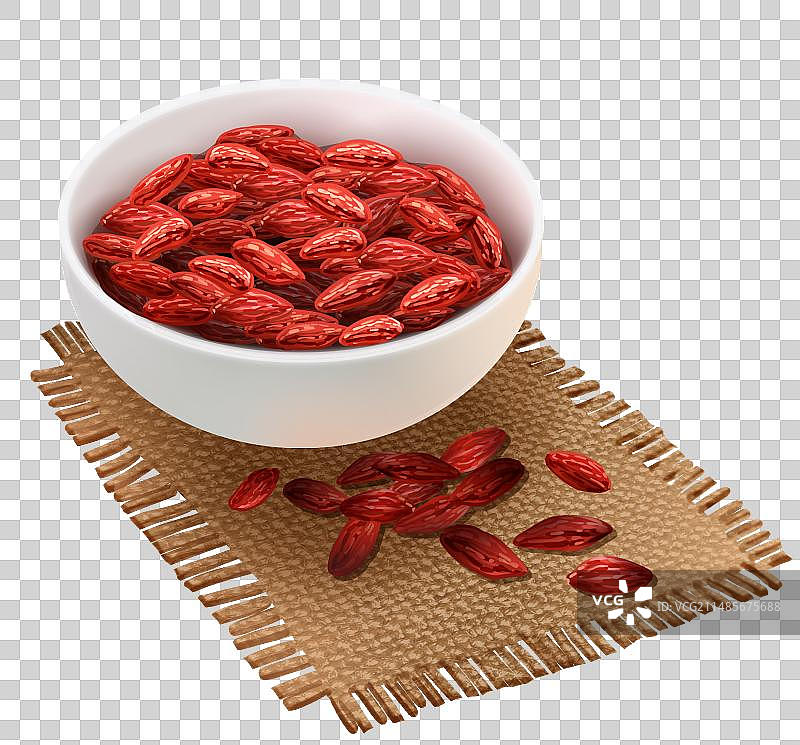 中药枸杞碗垫布颗粒散落立体写实插画元素图片素材