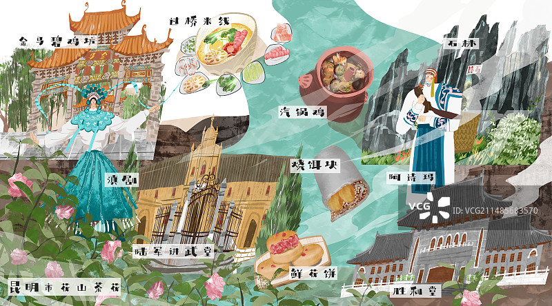 昆明城市建筑人文美食插画图片素材