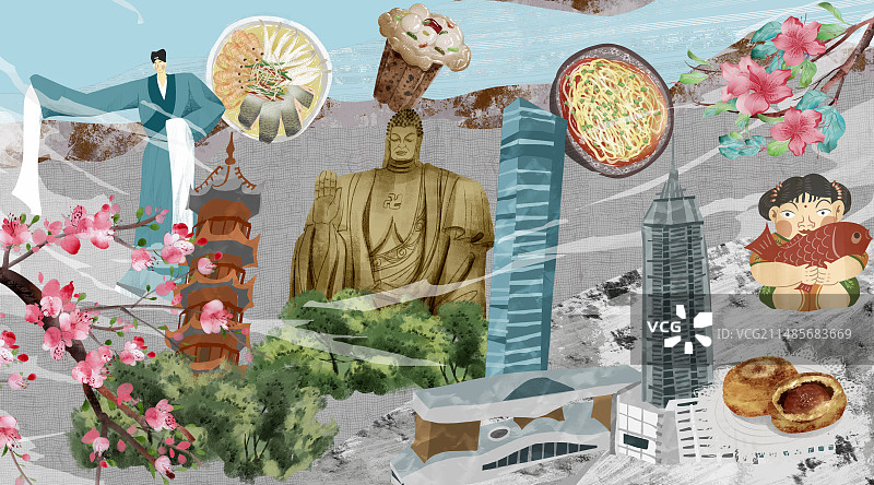 无锡城市建筑人文美食插画图片素材