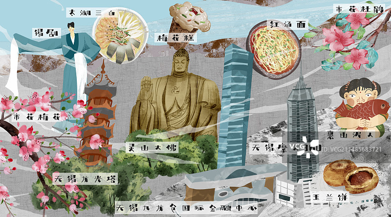 无锡城市建筑人文美食插画图片素材