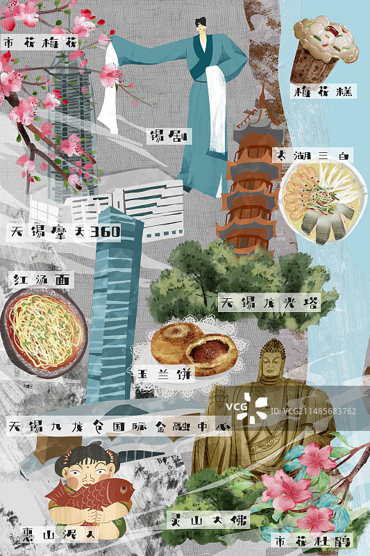 无锡城市建筑人文美食插画图片素材