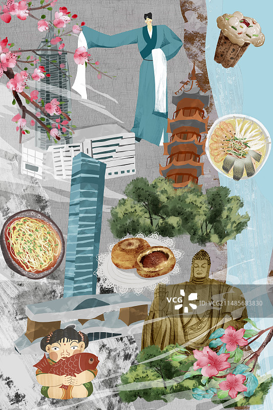无锡城市建筑人文美食插画图片素材