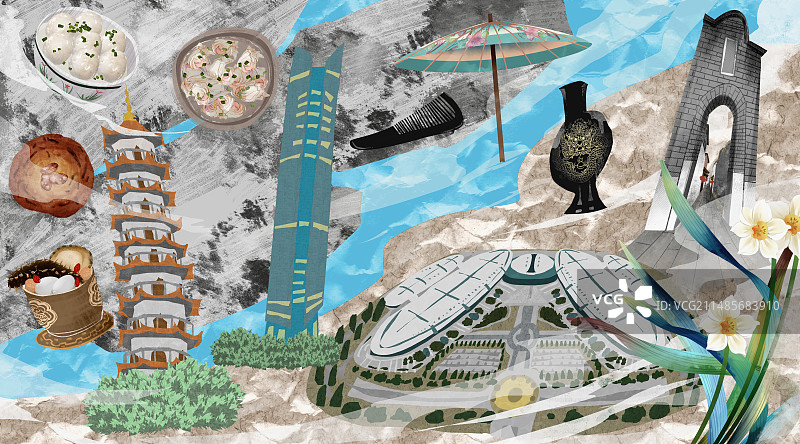 福州城市建筑人文美食插画图片素材