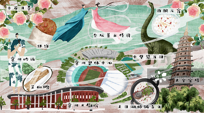 常州城市建筑人文美食插画图片素材