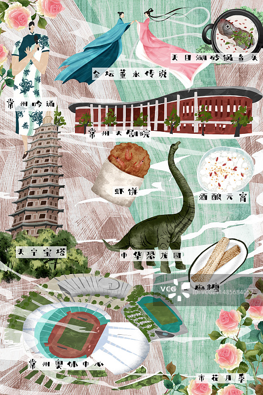 常州城市建筑人文美食插画图片素材