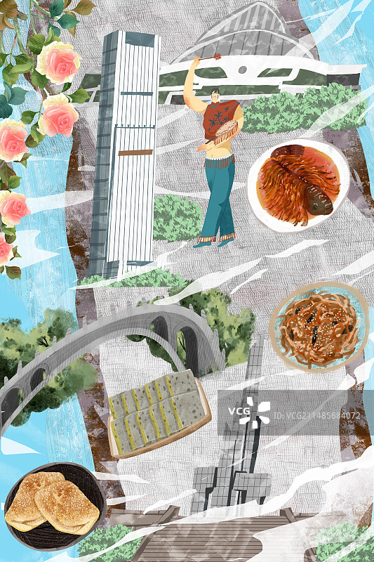 石家庄城市建筑人文美食插画图片素材