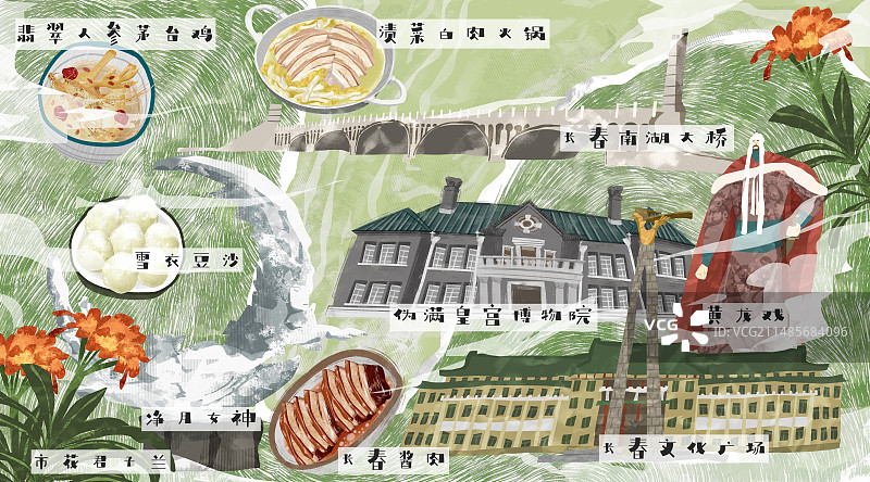 长春城市建筑人文美食插画图片素材