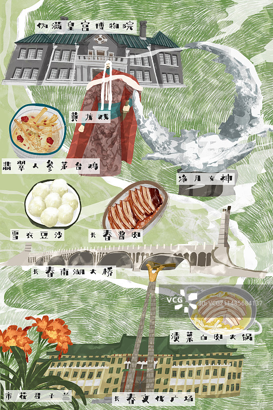 长春城市建筑人文美食插画图片素材