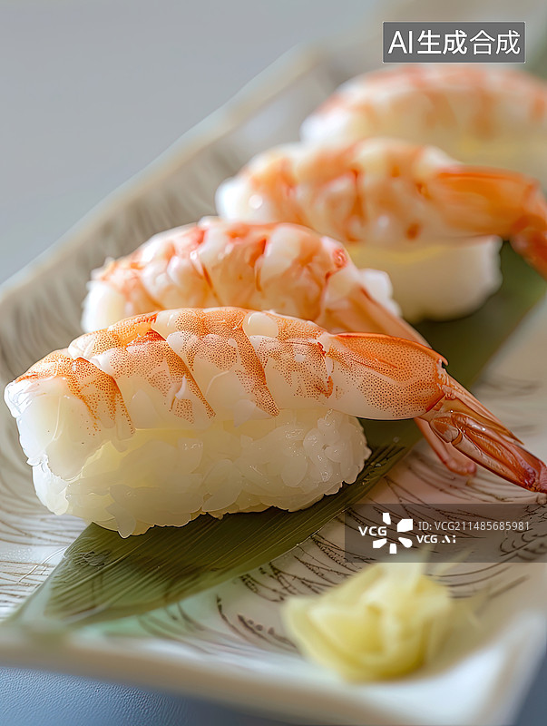 【AI数字艺术】盘子里的甜虾寿司特写镜头图片素材