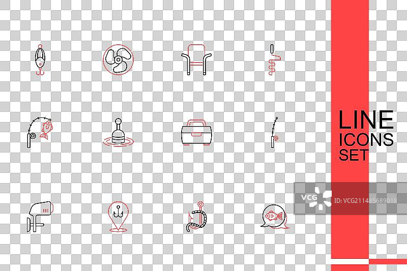 鱼、鱼钩、蠕虫和舷外船图标图片素材