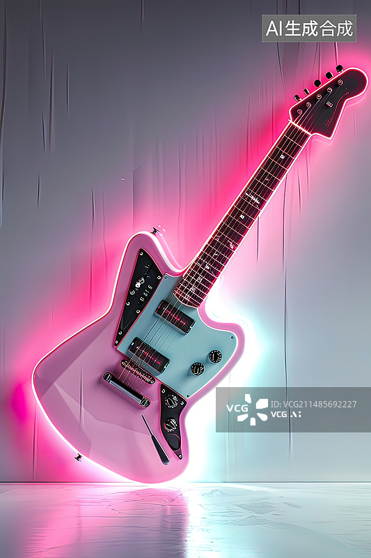 【AI数字艺术】电吉他赛博朋克霓虹色彩白色背景图片素材