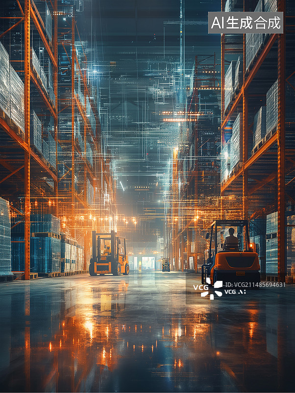 【AI数字艺术】智能仓储智能物流智能仓库虚拟现实自动化科技感 背景图片素材
