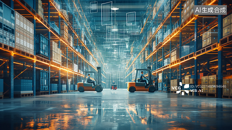 【AI数字艺术】智能仓储智能物流智能仓库虚拟现实自动化科技感 背景图片素材