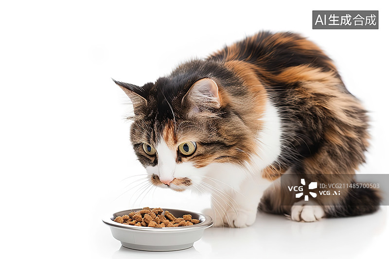 【AI数字艺术】白色背景下的猫吃东西的特写镜头图片素材