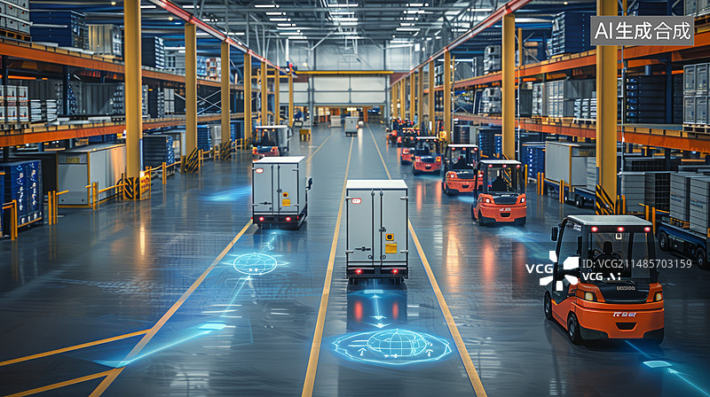 【AI数字艺术】制造环境中的空间计算和智能叉车：连接的工人与路标图片素材