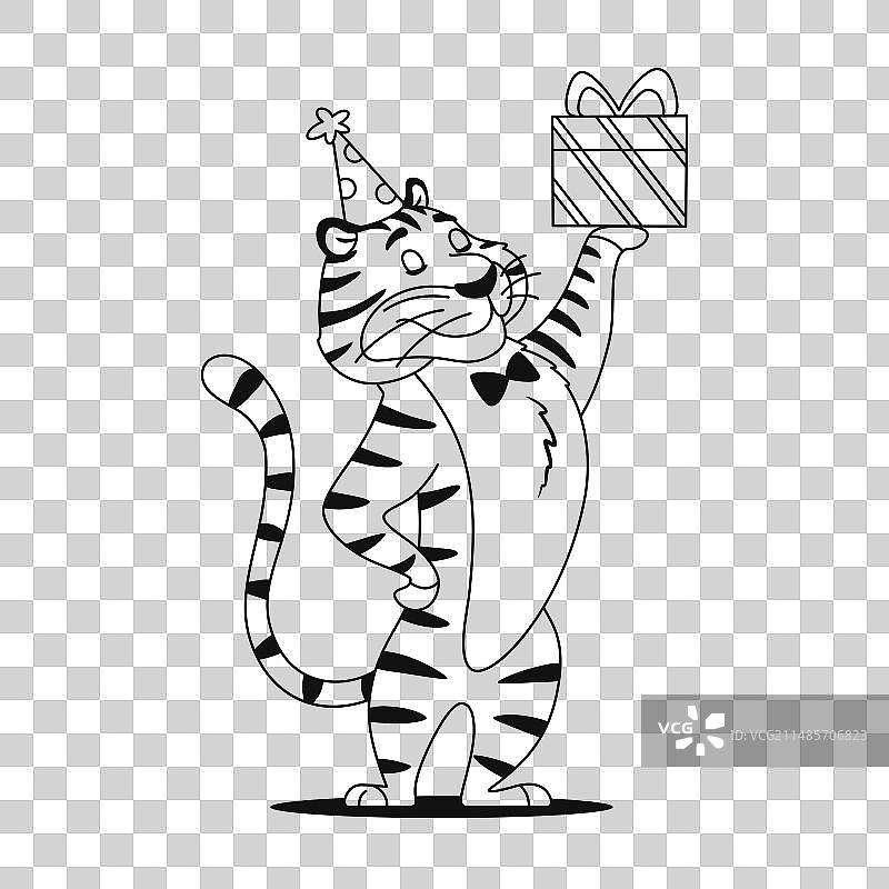 有趣的卡通老虎与礼物的着色页图片素材