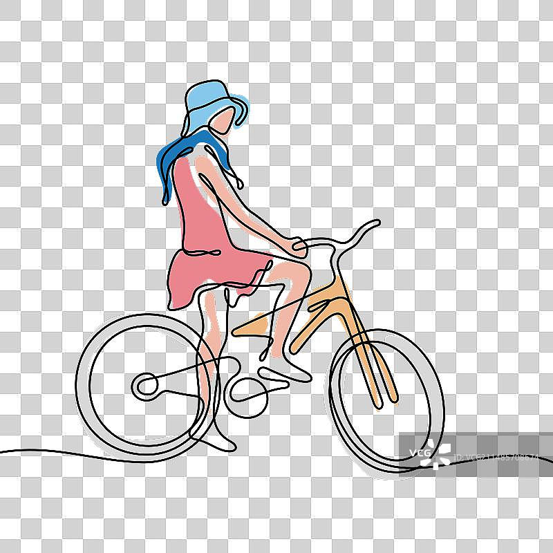 自行车女孩线条画图片素材