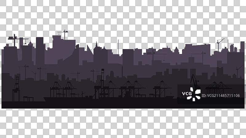 城市天际线剪影与货运港口图片素材