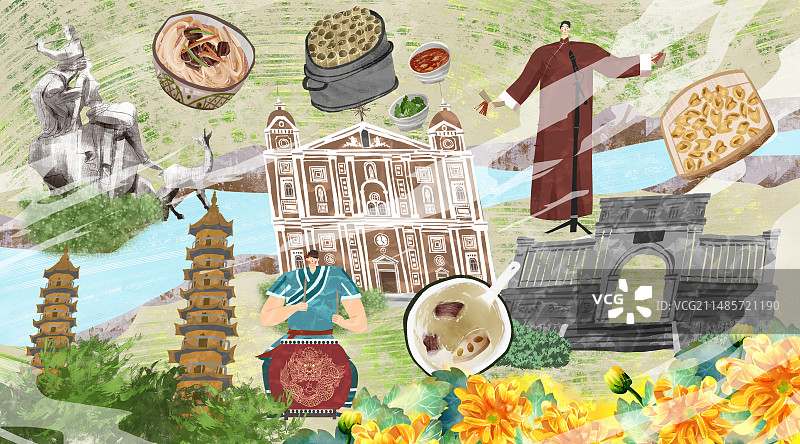 太原城市建筑人文美食插画图片素材
