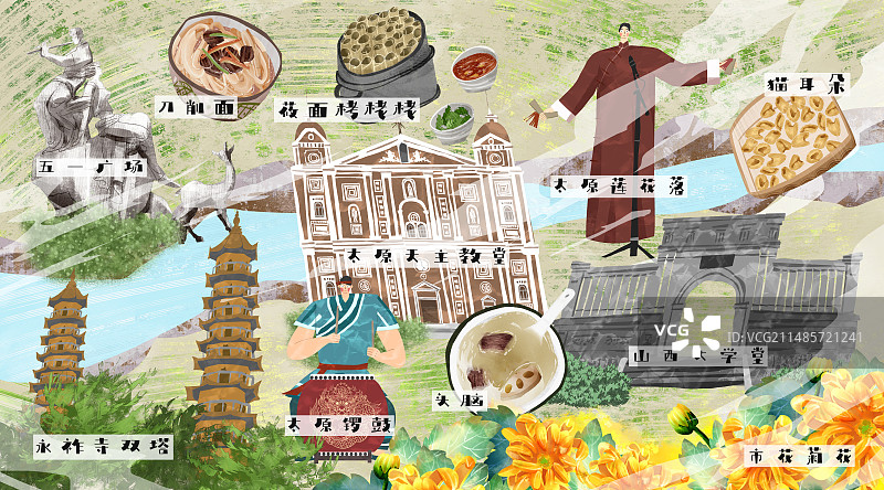 太原城市建筑人文美食插画图片素材