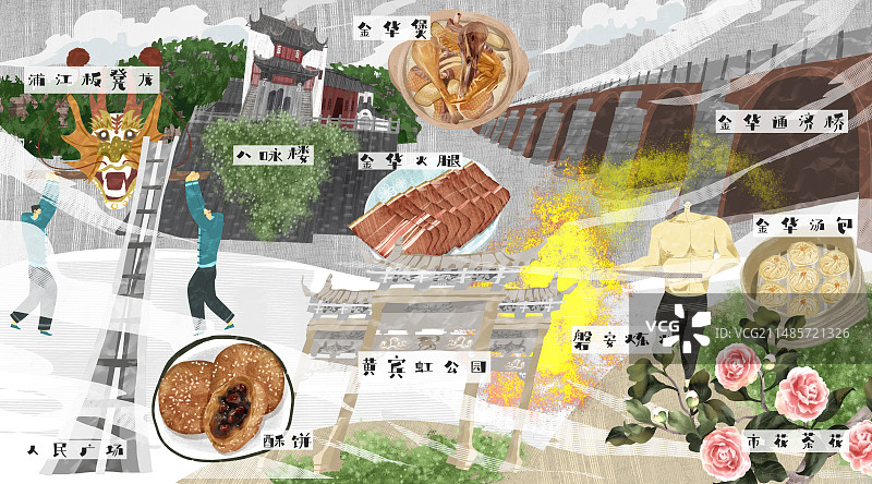 金华城市建筑人文美食插画图片素材