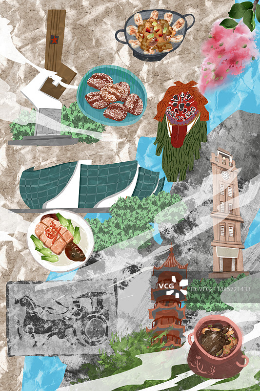 徐州城市建筑人文美食插画图片素材