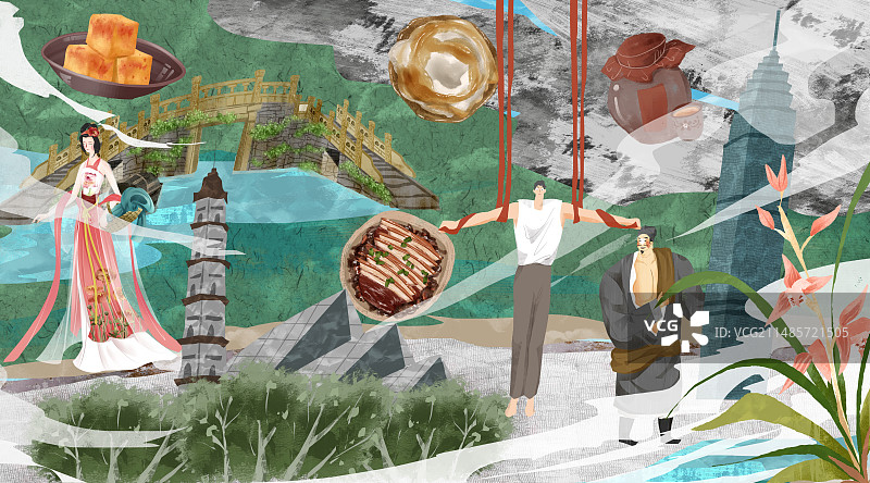 绍兴城市建筑人文美食插画图片素材
