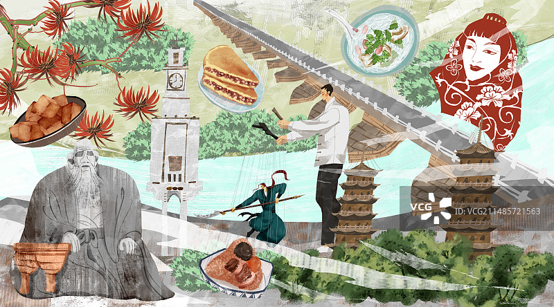泉州城市建筑人文美食插画图片素材