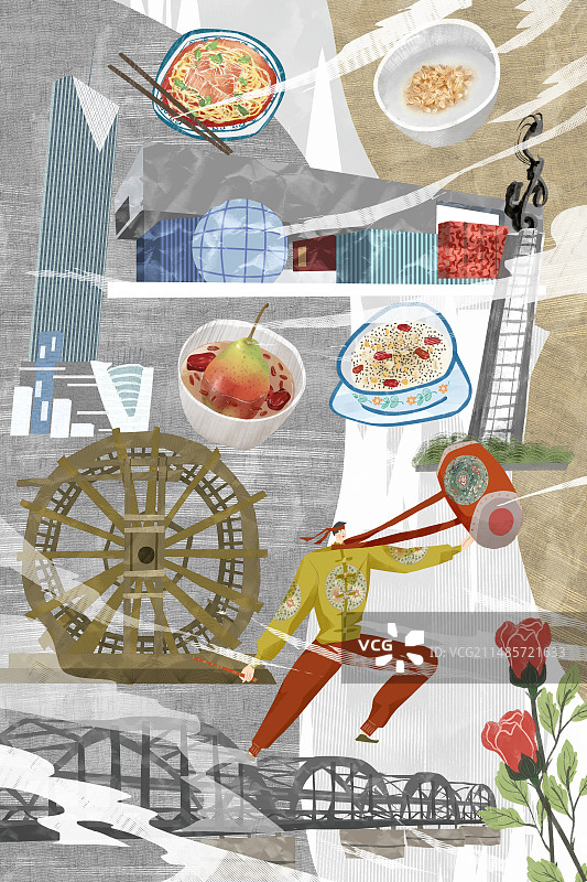 兰州城市建筑人文美食插画图片素材